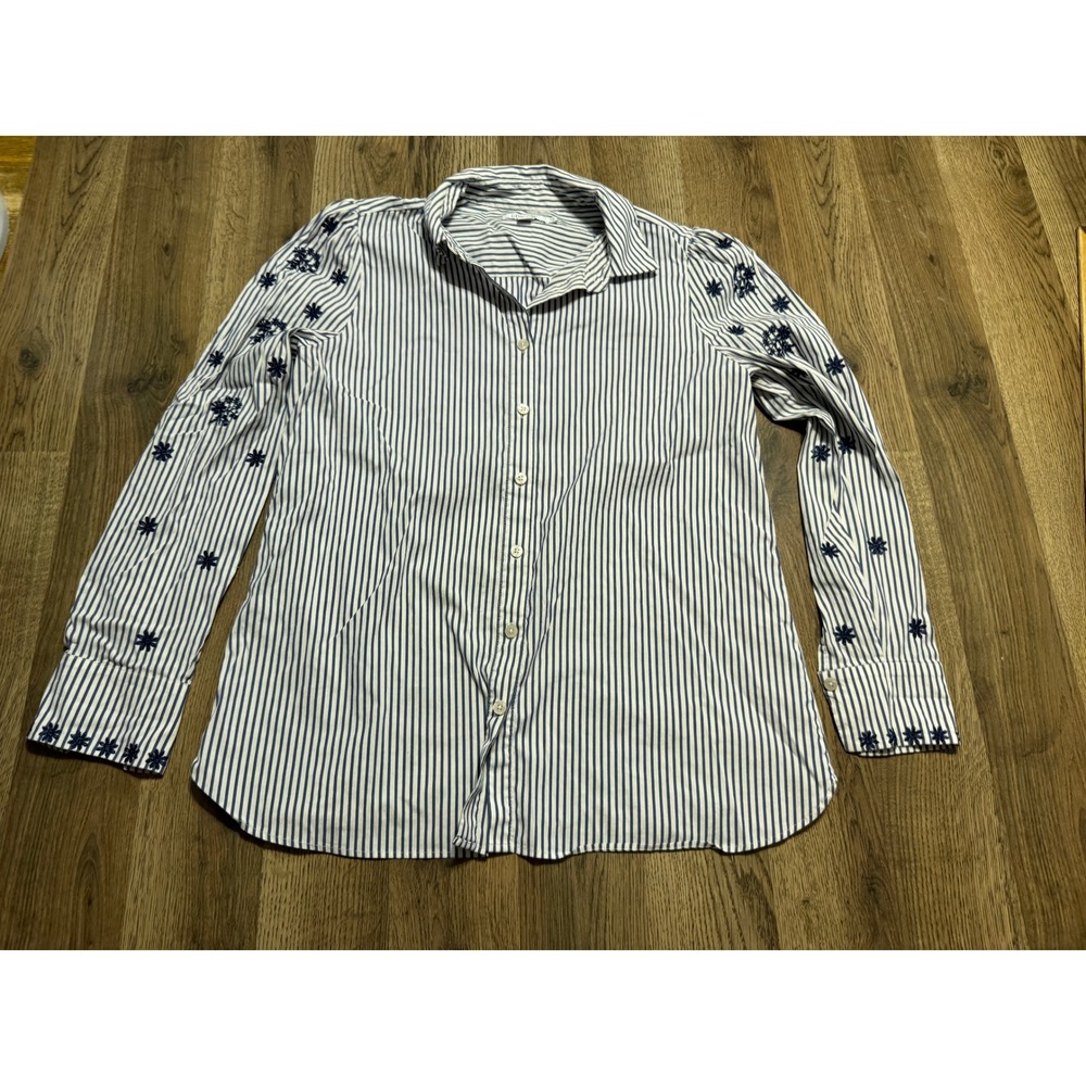Chico's Shirts Women Size 0.5 Blue White Floral Embroidered Striped Button Down